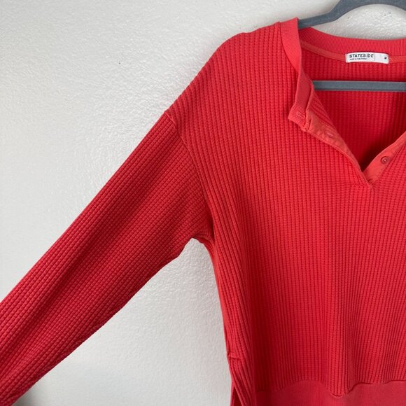 Stateside Red Waffle Knit Ribbed Long Sleeve Top M Henley Soft Stretchy - Picture 4 of 9
